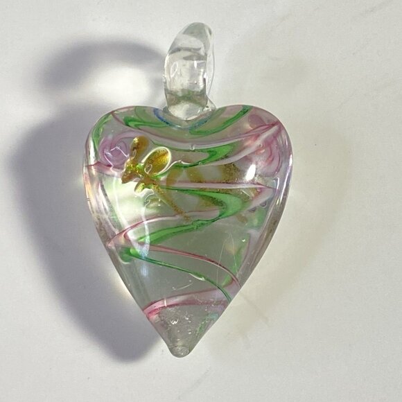 Artisan Hand Blown Glass Swirl Stripe Green Pink HEART Rose Pendant - Picture 2 of 6